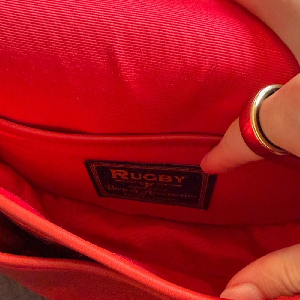 Rugby Ralph Lauren Leather Red Saddle Bag with Blue and White Striped Strap - Picture 7 of 10